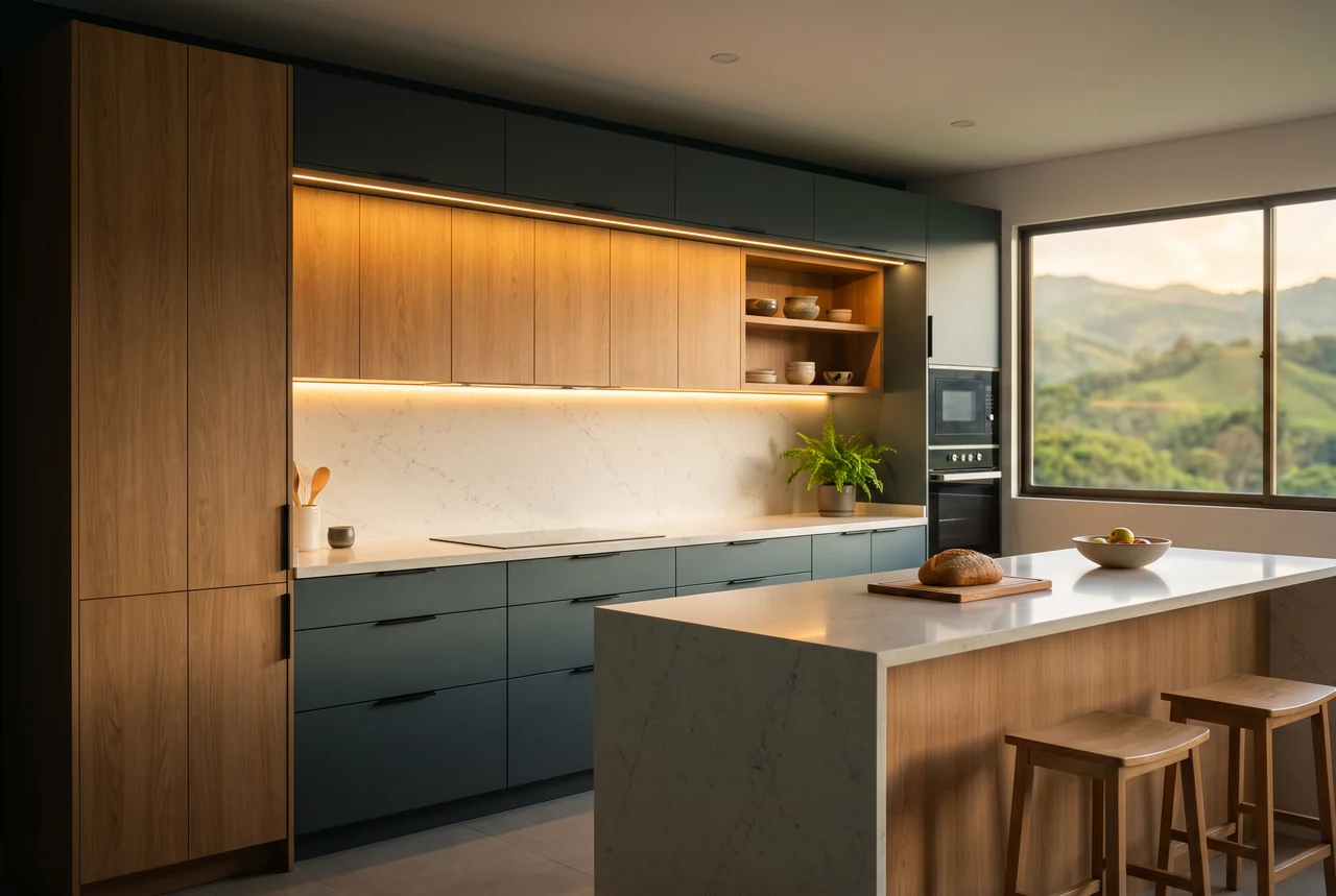 Cocina integral moderna con muebles en madera y azul petróleo, luz cálida bajo el mueble alto y una isla con banquetas frente a un ventanal con vista a las montañas