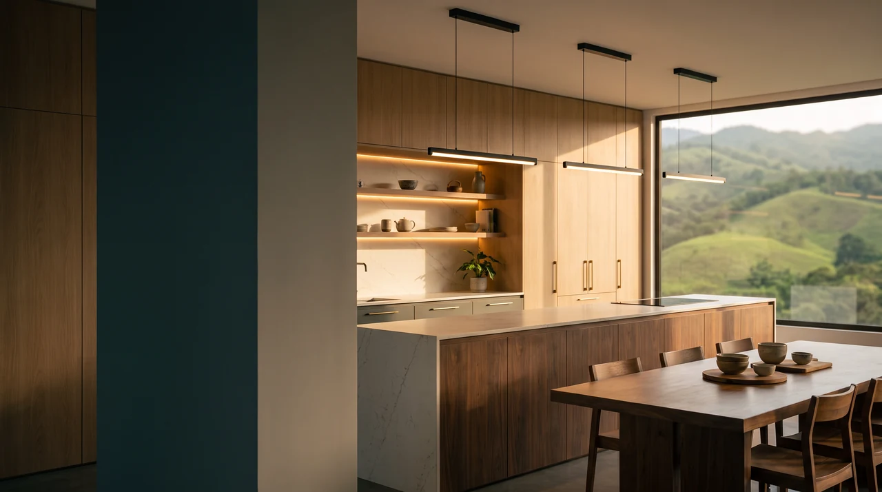 Cocina con isla de mesón claro y frente en madera, comedor de madera al lado y un ventanal con vista a las montañas