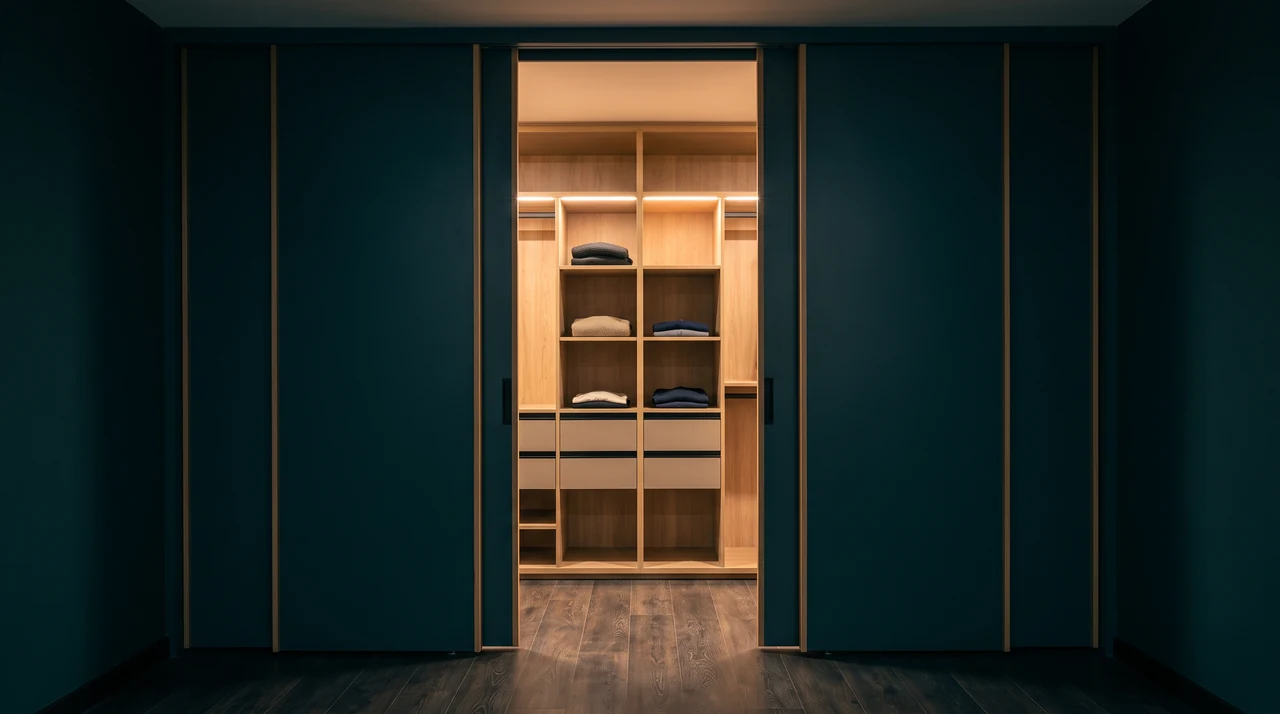 Puertas lisas en azul petróleo con un panel abierto que deja ver un vestier con repisas de madera
