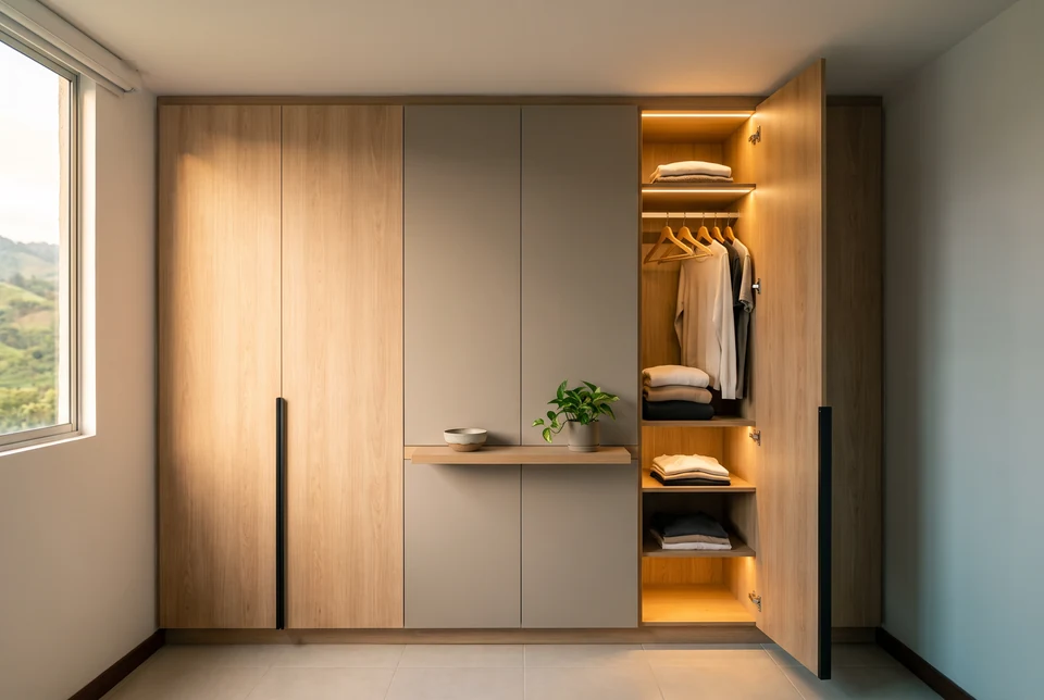 Closet empotrado de frentes lisos en tono madera claro y gris, con una repisa iluminada y ropa colgada