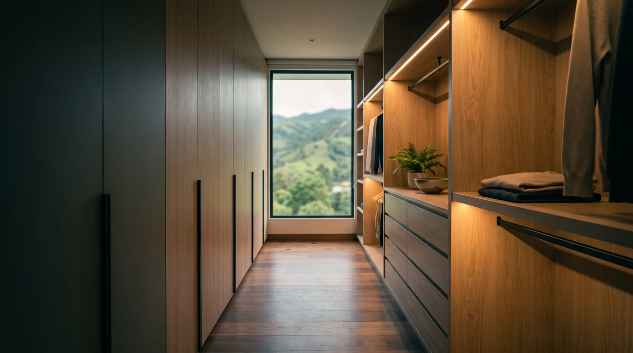 Walking closet en forma de pasillo, con frentes lisos a un lado, cajones y barras con luz cálida al otro y una ventana al fondo con vista a las montañas