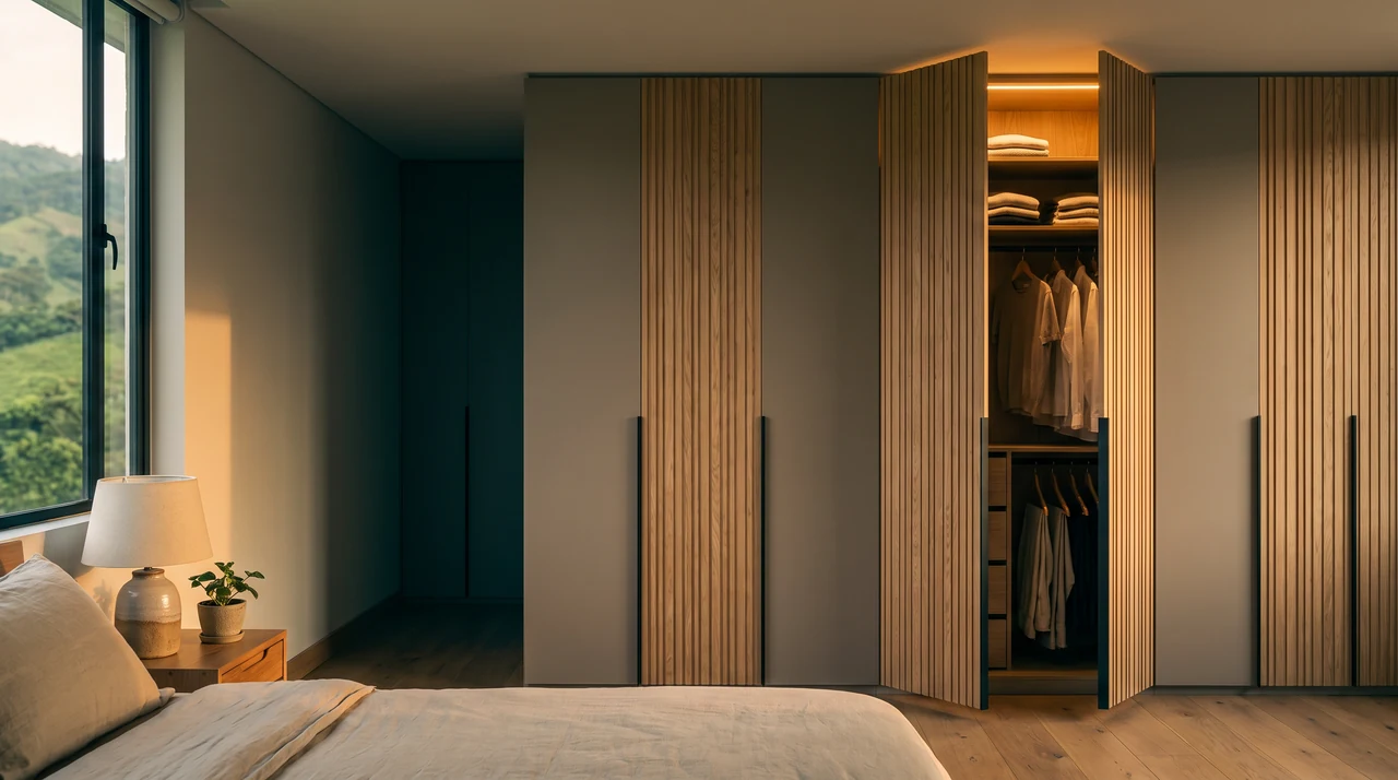 Closet de la habitación principal con puertas de lamas de madera, un panel abierto con interior iluminado y una lámpara en la mesa de noche