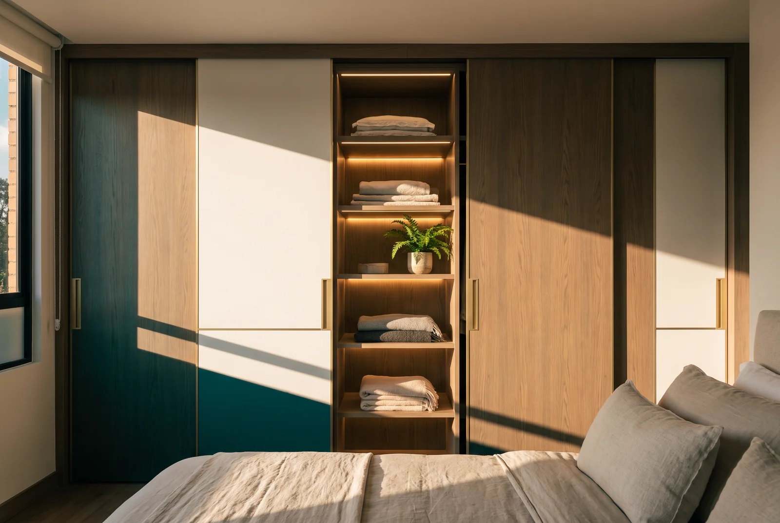 Closet empotrado en pared de piso a techo con puertas corredizas de roble y laca blanca, una de ellas abierta