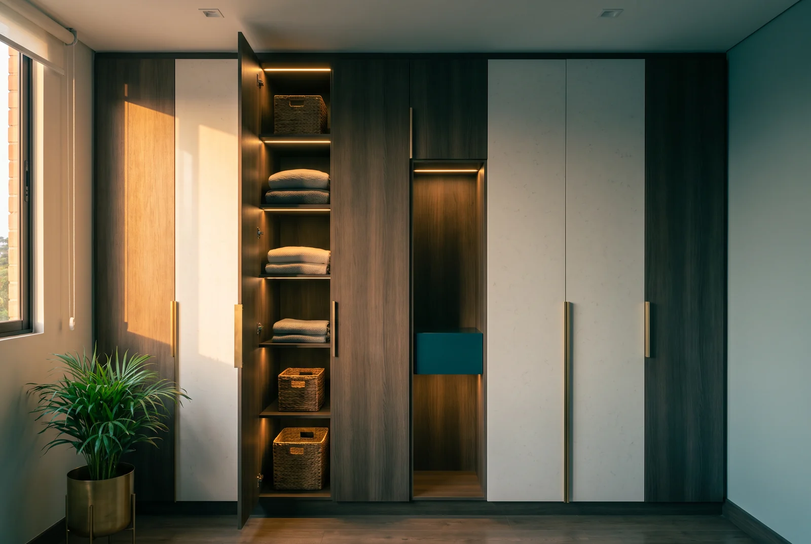 Closet empotrado a ras de pared con puertas de laca blanca y roble