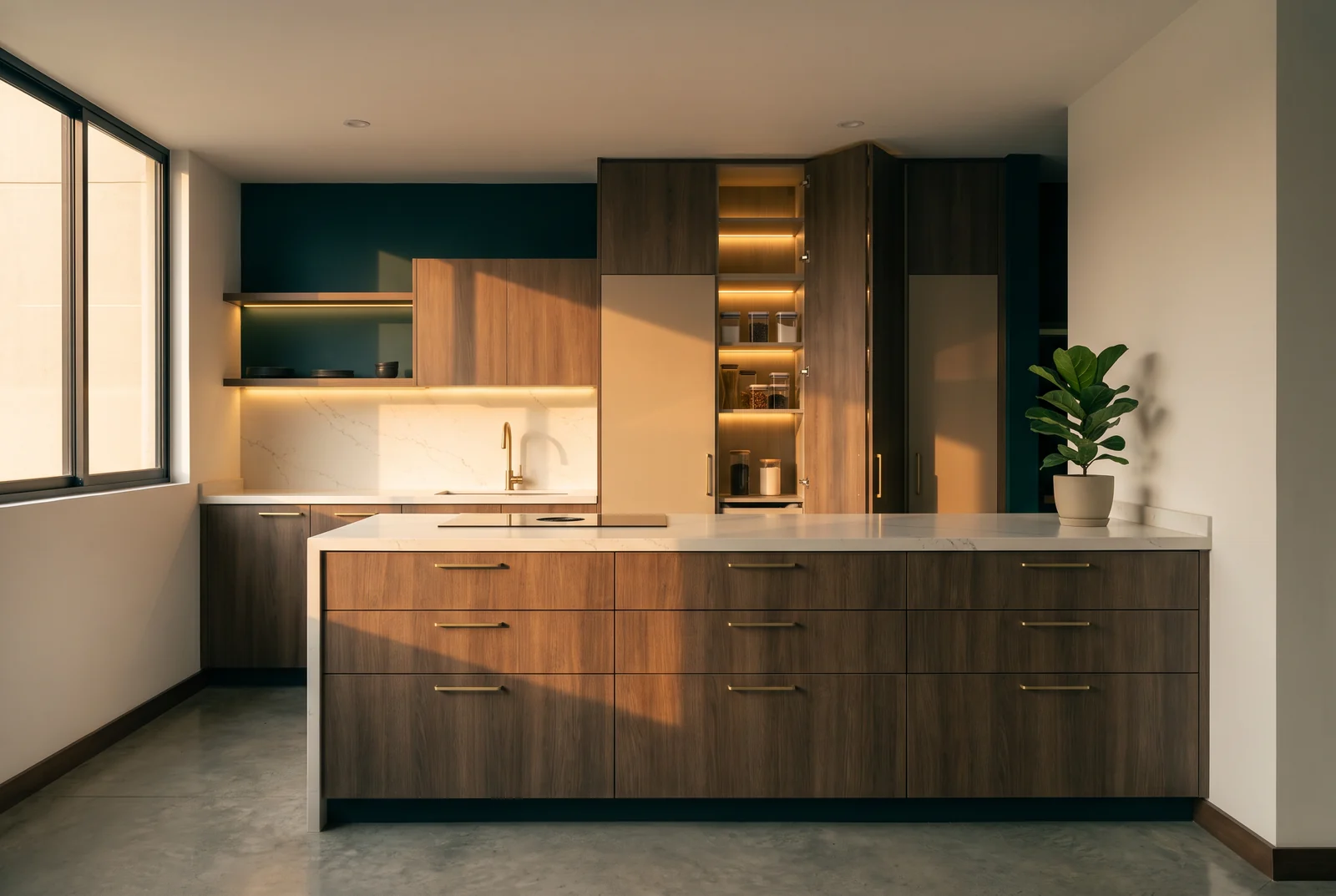 Cocina ergonómica con cajones profundos a buena altura y una despensa alta con la puerta abierta
