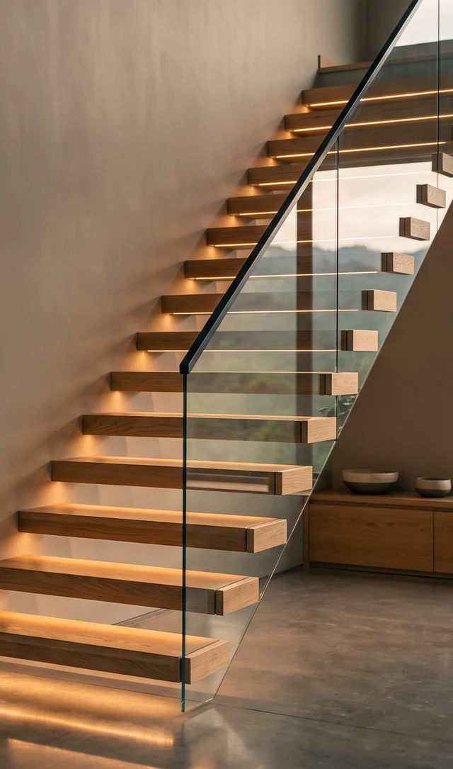 Escalera flotante con peldaños en madera iluminados y baranda de vidrio
