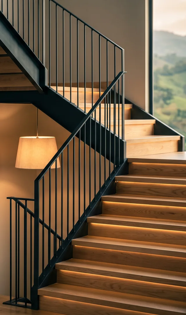 Escalera con baranda metálica negra y peldaños en madera con luz cálida