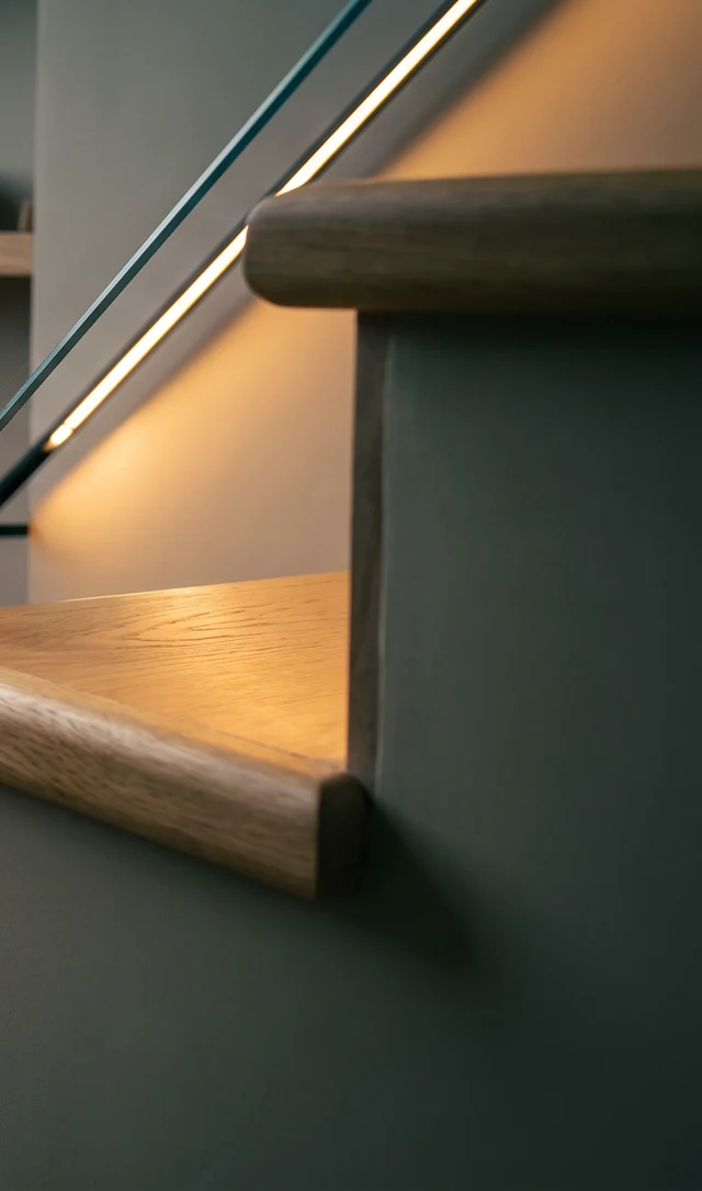 Detalle de un peldaño en madera con luz cálida y baranda metálica