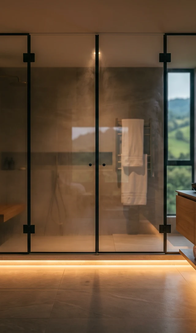 Ducha con división de vidrio y luz cálida a ras del piso