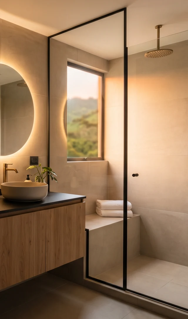Ducha con división de vidrio y perfiles negros, espejo redondo iluminado y mueble en madera