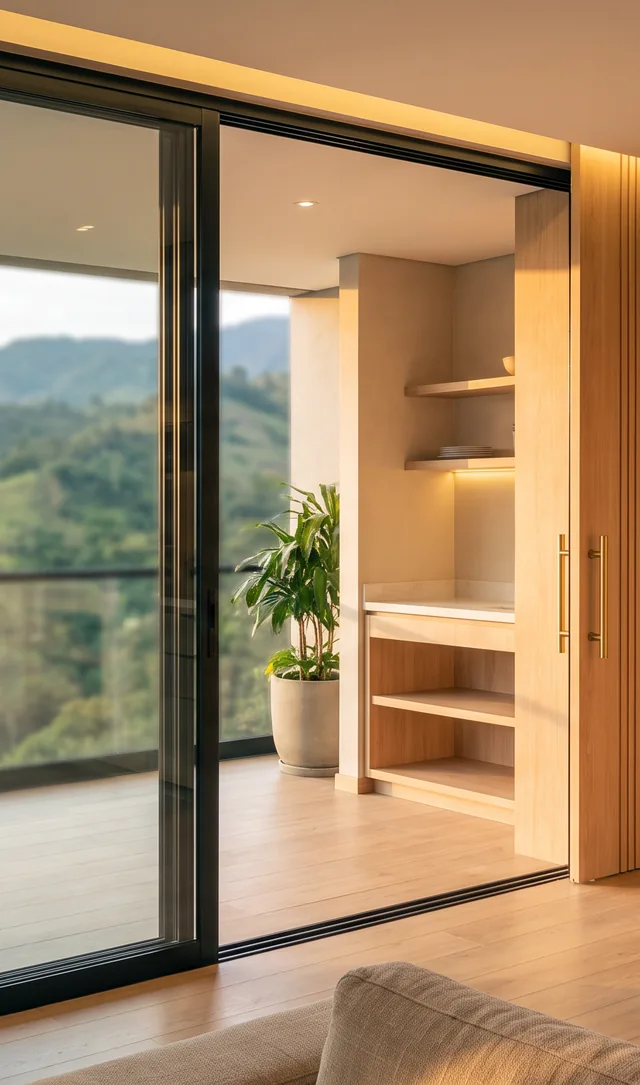 Puerta corrediza de vidrio con marco negro junto a un mueble de madera