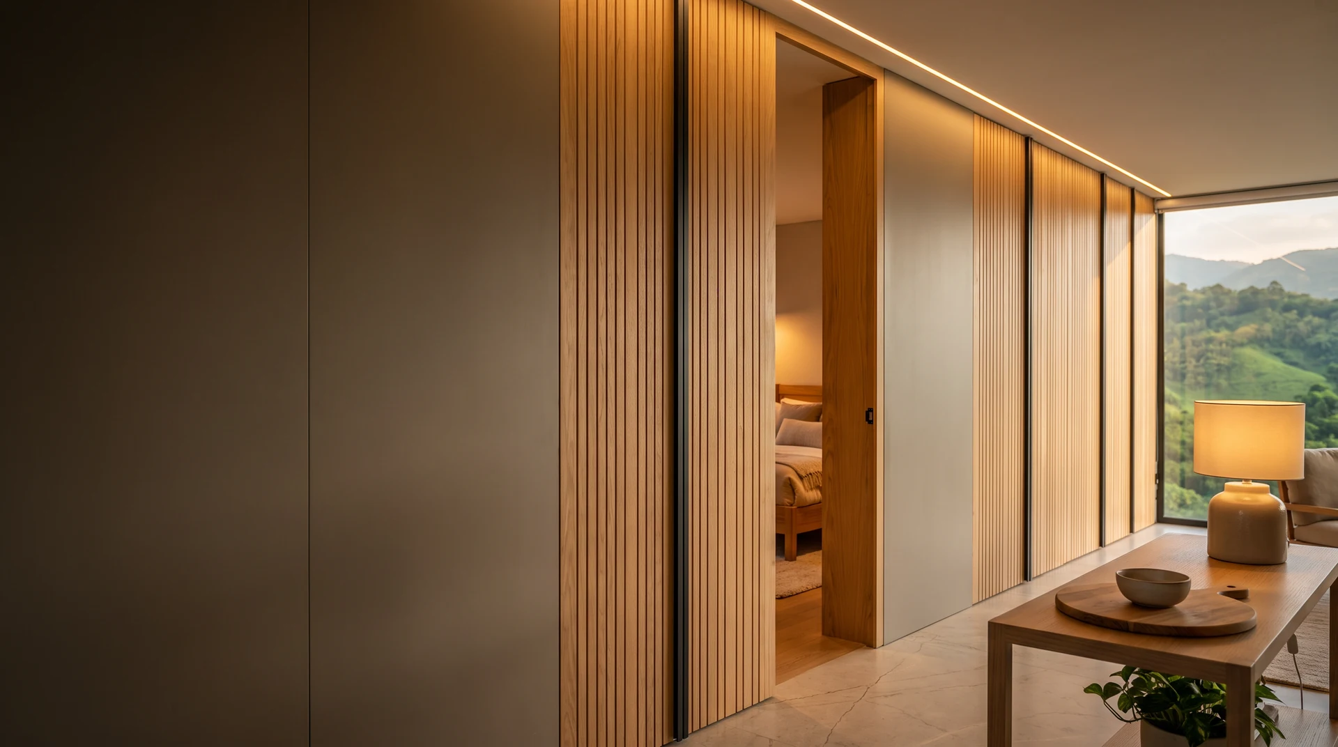 Puerta de listones de madera abierta hacia una alcoba con luz cálida, junto a paneles de listones y una ventana con vista a las montañas