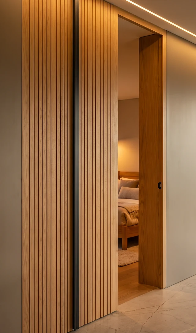Puertas de madera con listones que dan a una alcoba con luz natural
