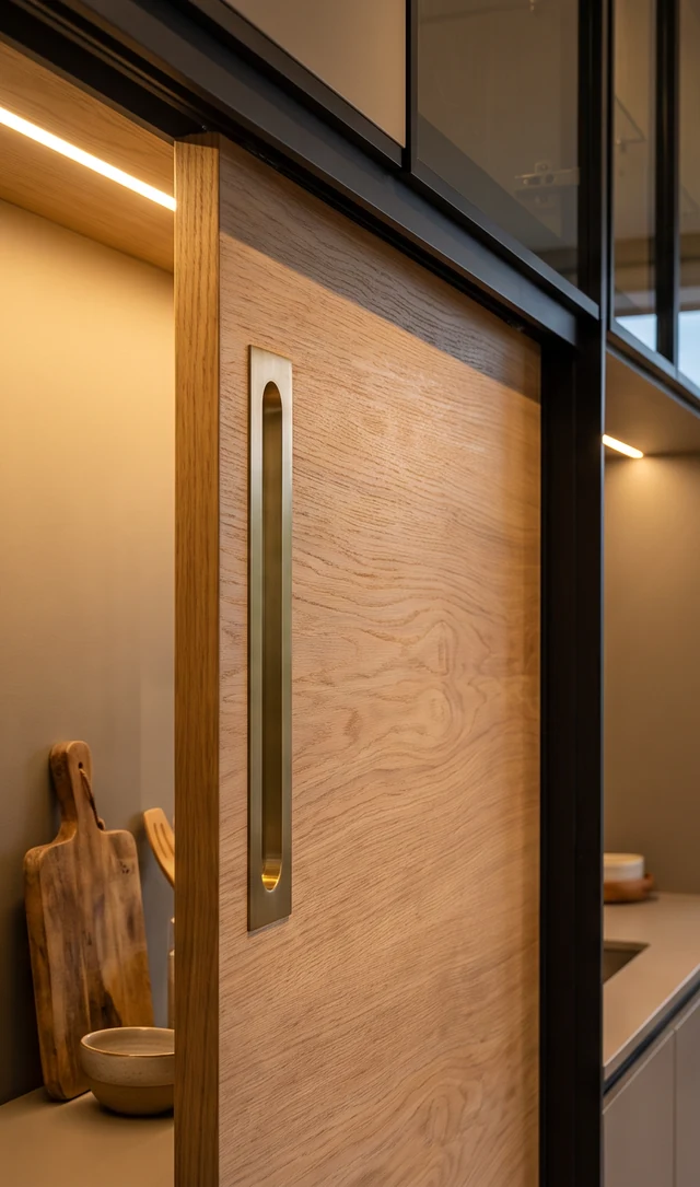 Puerta corrediza en madera con manija larga y marco de vidrio