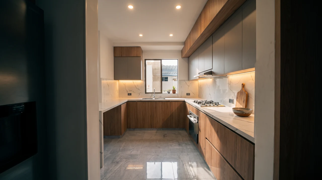 Cocina en U con muebles de madera, mesón claro, luz empotrada y piso brillante