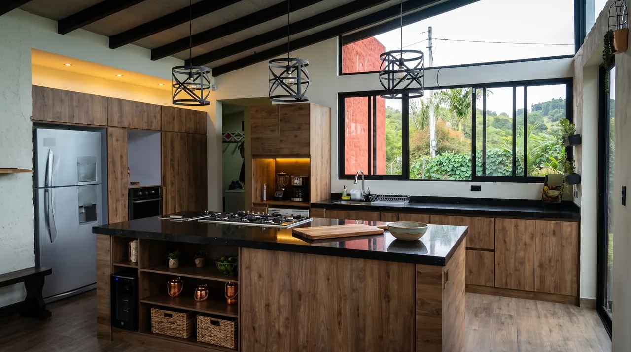 Cocina con isla de madera y mesón negro, vigas a la vista y grandes ventanas
