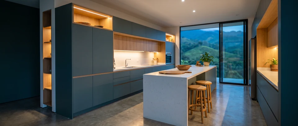 Cocina lineal en azul petróleo con isla de mesón claro, banquetas de madera y un gran ventanal