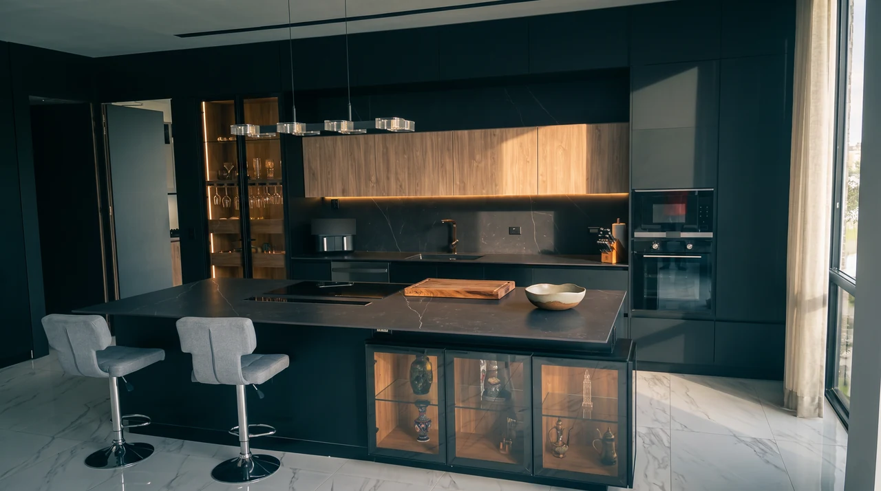 Cocina oscura con isla, banquetas altas y vitrina iluminada