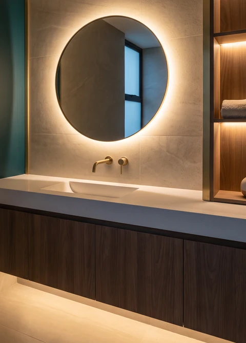 Baño con mueble en madera oscura, espejo redondo iluminado y nichos con luz cálida