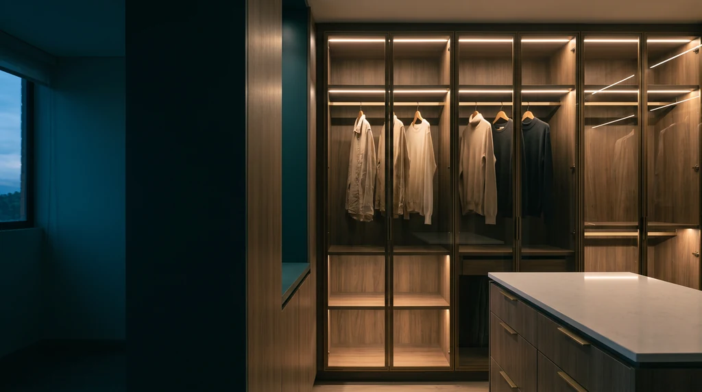 Walking closet con barras y cajones en madera, un mueble central de mesón claro y luz cálida a lo largo de la ropa colgada