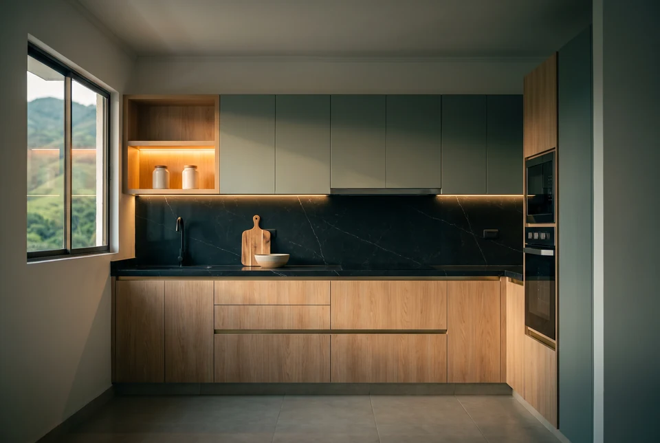 Cocina lineal con muebles altos en verde grisáceo, bajos en madera clara y luz bajo los altos