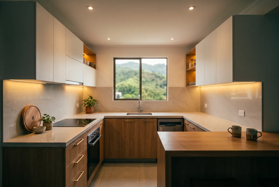 Cocina en U con península de madera, mesón claro y ventana al paisaje